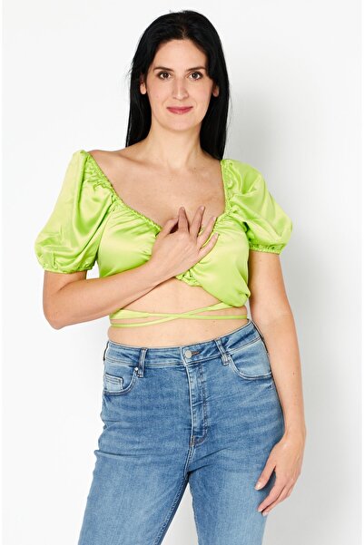 Asos Luxe Women Scoop Neck Short Sleeve Cut Out Back Top, Lime Green