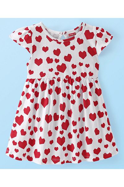 Babyhug فستان Babyhug من قماش الجيرسي المحبوك بأكمام قصيرة مع طبعة قلوب على شكل بلومر - أبيض وأحمر