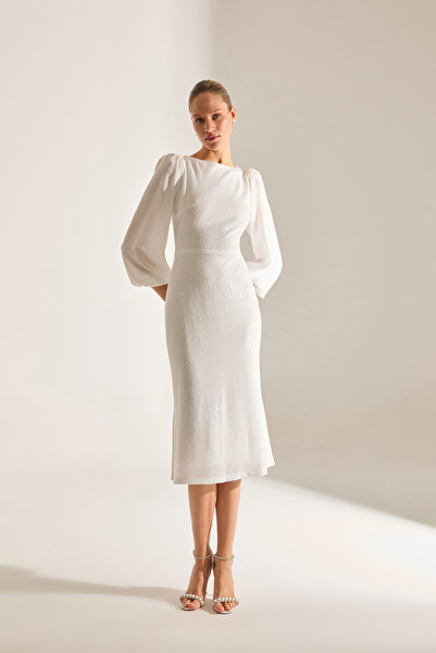 BETTY & SAM NICOLE Işıltılı Payet BEYAZ Balon Kol Midi Elbise