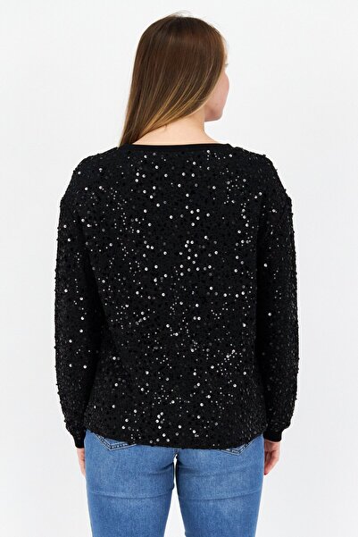 comma Women Round Neck Long Sleeves Textured Top, Black