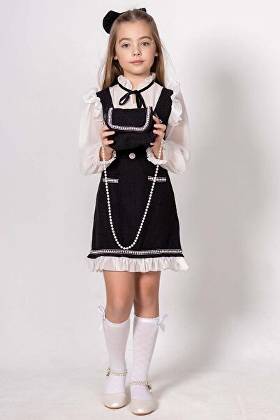 Riccotarz Kız Çocuk Kolları ve Yakası Şifon Etek Ucu Fırfırlı İnci İşlemeli Çift Cepli Siyah Triko Elbise