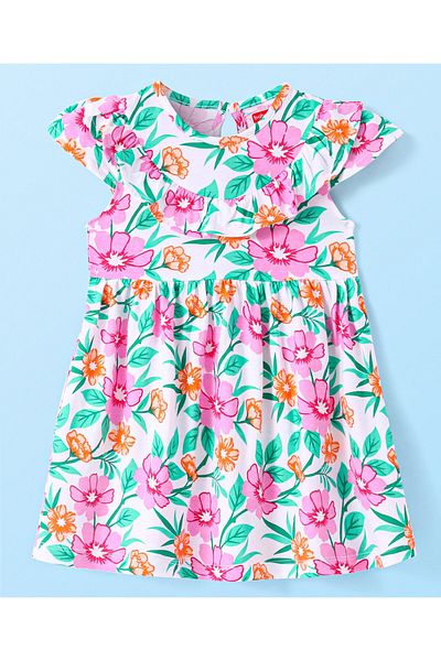 Babyhug فستان Babyhug Single Jersey محبوك بأكمام قصيرة مع تفاصيل كشكشة وطبعة زهور - متعدد الألوان