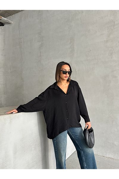 BEJNA Schwarzes, strukturiertes, drapiertes Oversize-Hemd für Damen