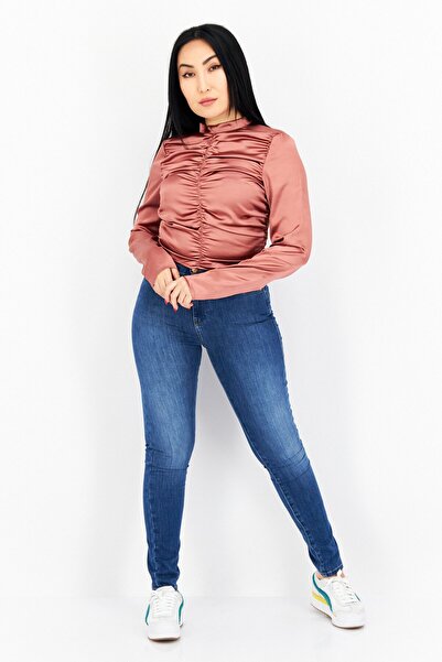 NA-KD Women Crew Neck Textured Long Sleeves Blouse, Brown