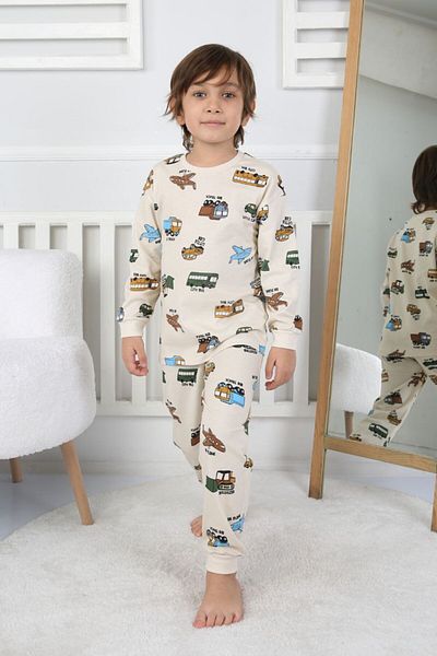 depobukids Men's Pajama Set - 100% Cotton, Long Sleeve, Printed Vehicles (3-8 Years)