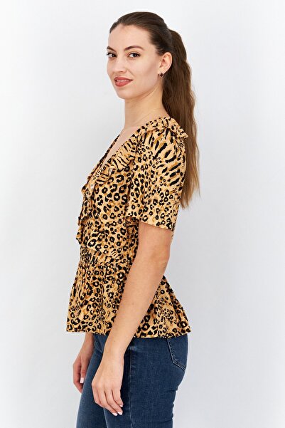 NA-KD Women V-neck Short Sleeves Animal Print Top, Black