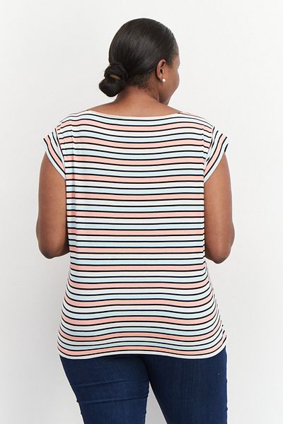 Anne Klein Women Plus Size Boat Neck Cap Sleeve Stripe Top, Blue