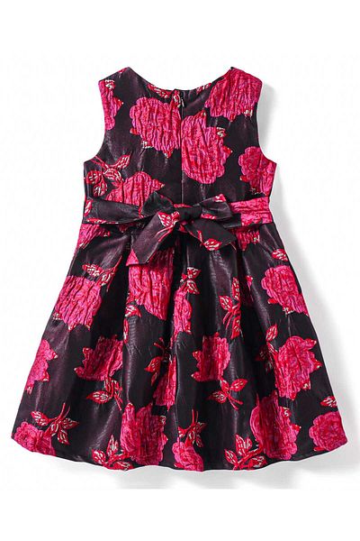 Primo Gino Primo Gino Woven Sleeveless Party Frock With Floral Embroidery & Bow Applique - Red & Black