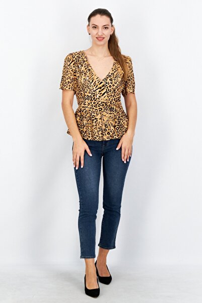 NA-KD Women V-neck Short Sleeves Animal Print Top, Black