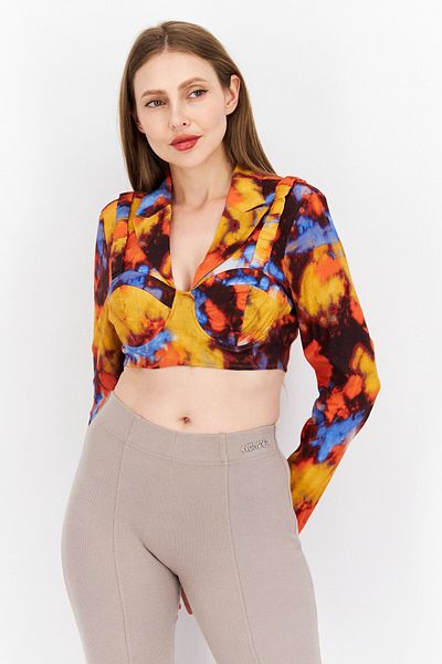 NA-KD Women Notched Collar Long Sleeve Tie Dye Blouse, Orange