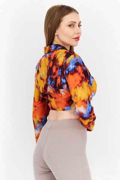 NA-KD Women Notched Collar Long Sleeve Tie Dye Blouse, Orange