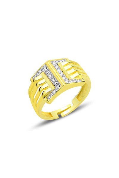 Söğütlü Silver Gümüş altın yaldızlı zirkon taşlı geometrik ayarlamalı yüzük S...