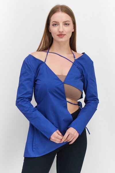 Ego Women V-Neck Long Sleeves Plain Blouse, Blue