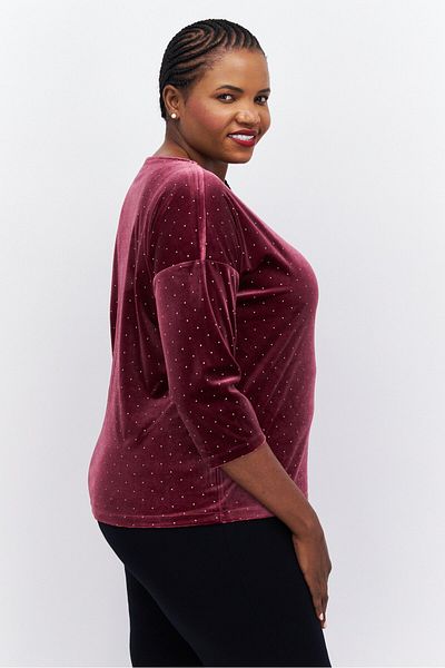 Anne Klein Women Plus Size Boat Neck Long Sleeve Velvet Textured Blouse, Maroon
