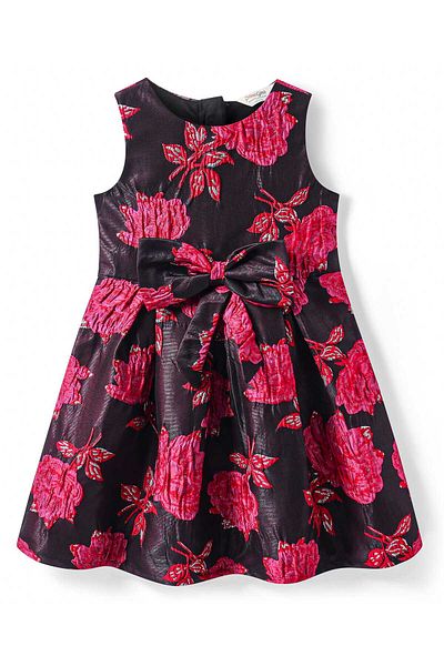 Primo Gino Primo Gino Woven Sleeveless Party Frock With Floral Embroidery & Bow Applique - Red & Black