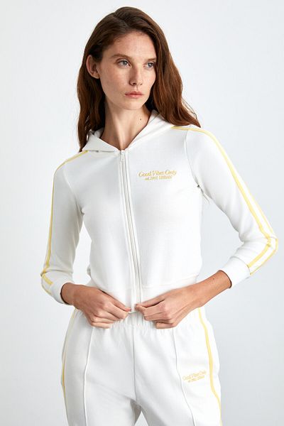 GRIMELANGE Briseıs Women's Hooded Zipper Detailed Embroidery Detailed Ecru Hoodie
