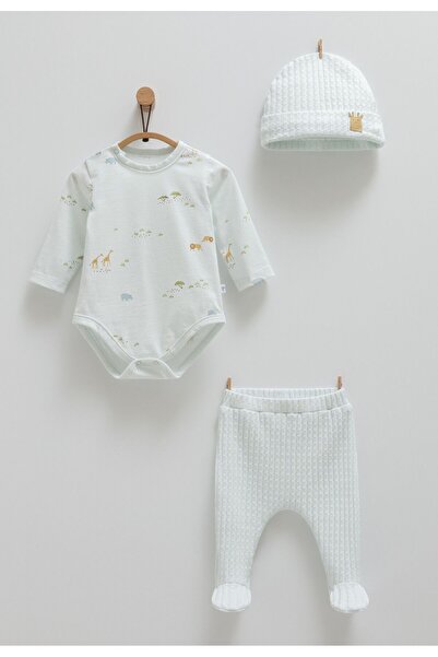 Caramell 3-Piece Set 100% Cotton Bodysuit Pants and Hat for Baby Boy - 0-1, 1-3, 3-6 Months with Booties, 6-9 Months Without Booties