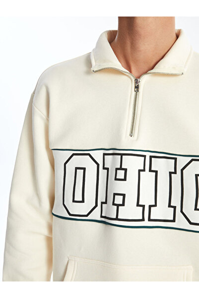 LC Waikiki Ανδρικό φούτερ με μακριά μανίκια LCW Beige ψηλός λαιμός - Casual με τύπωμα