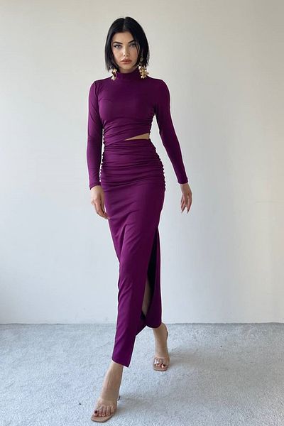 barış sülün lovebox Țesătură flexibilă Sandy - Rochie midi prune cu guler și fante 313