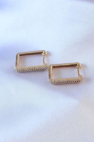 Skygo Zircon Stone Detailed Brass Women's Earrings - Square Model, Gold Color - Tj-Bkp7526