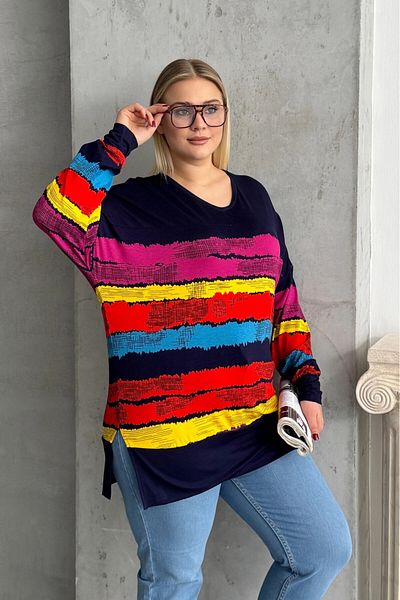 Stil Diva Plus Size V Neck Striped Side Slit Long Sleeve Blouse 303118