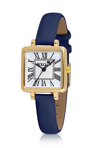 Polo Air Navy Blue-Gold Square Case Leather Cord Women's Wristwatch - Pl-1484B10X