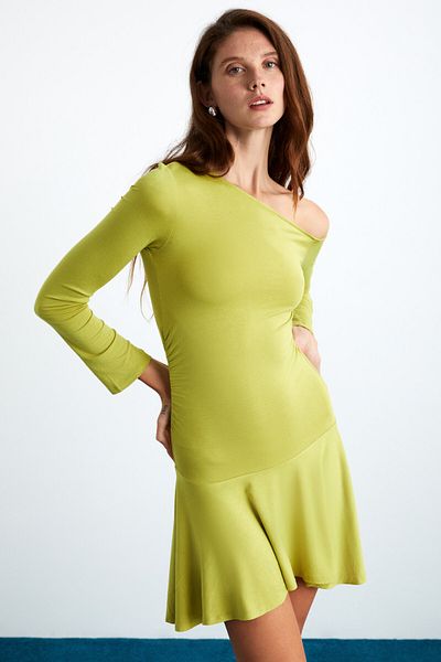 GRIMELANGE Glennis Green Dress for Women - Viscose, Lycra, Boat Neck, Flared Skirt
