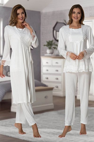 Pelin Women's Ecru Long Sleeve Lace Maternity 3-Piece Pajamas Set