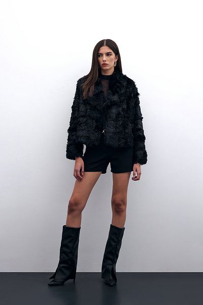 Sateen Black Plush Jacket - Collared