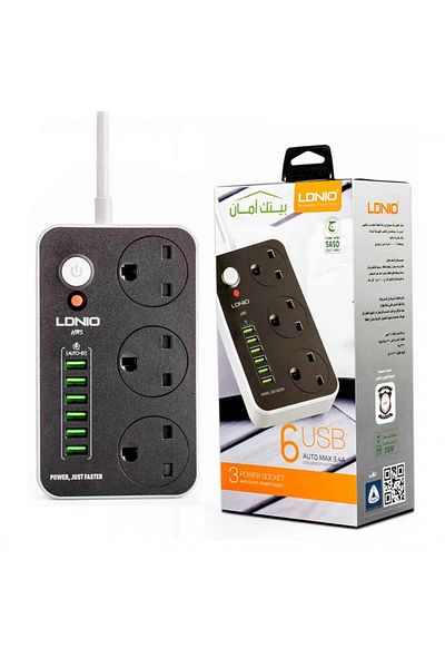 LDNIO SC3604 Fire-Resistant Power Strip – 3 Outlets & 6 USB Ports, 2M Cable