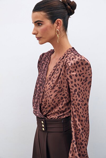 Sateen Double Breasted Patterned Bodysuit - Camel-Brown