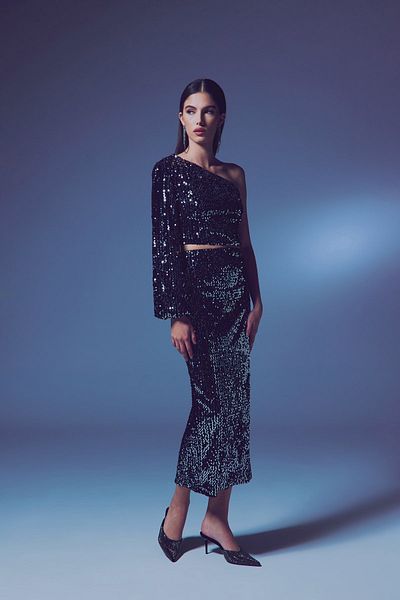 Sateen Velvet Sequined Midi Skirt - Silver