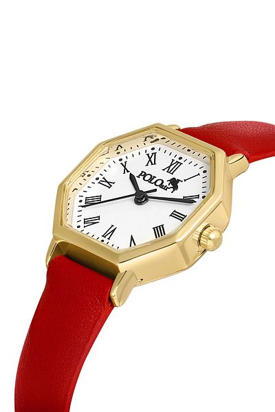 Polo Air Geometric Patterned Leather Women's Wristwatch - Red/Gold Pl-1483B9X