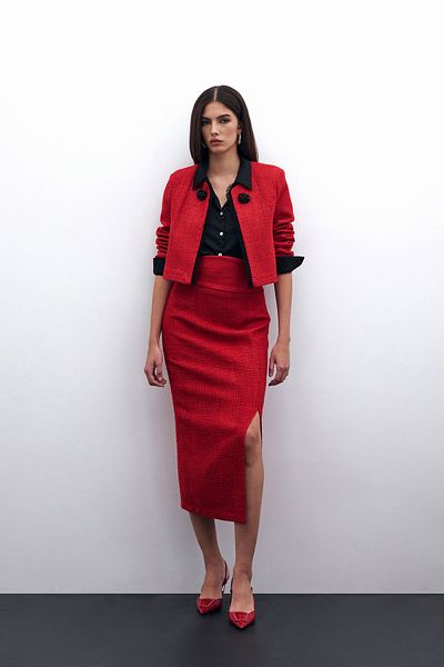 Sateen Short Jacket with Bead Accessories - Red