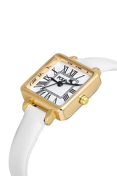 Polo Air White-Gold Square Case Leather Women's Wristwatch - Pl-1484B7X