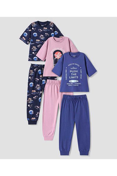 Primo Gino Primo Gino Cotton Beach Theme Printed Pajama Sets (Pack of 3) - Black and Peach