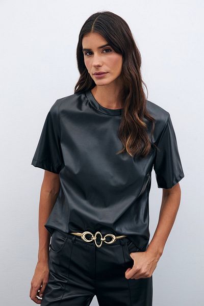 Sateen Bluză din piele cu mânecă scurtă - neagră