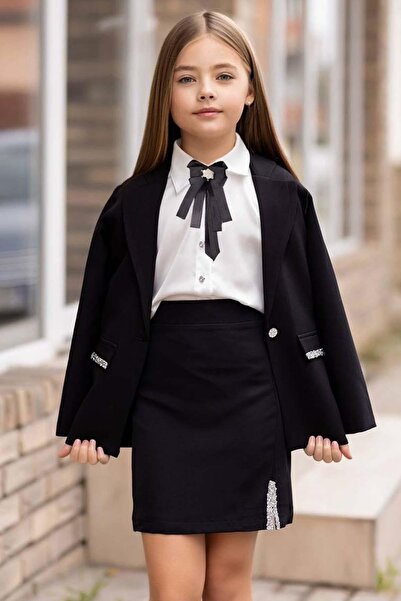 Riccotarz Girl's Diamond Stone Detailed Prevailing Collar Blazer Jacket Sleeve Ends Stone Button Shirt Black Skirt Suit