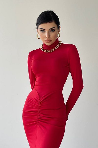 barış sülün lovebox Women's Stretchy Sandy Fabric Turtleneck Drawstring Detail Midi Red Dress 315