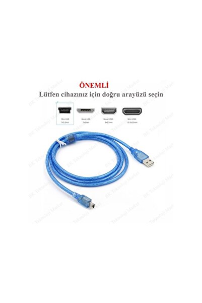 harry 1.5 Metre Ps3 Joystick Kol Şarj Kablosu 5 Pin Mini Usb Ipod Şarj Kablosu Şeffaf 1.Kalite