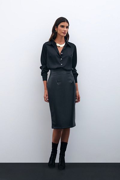 Sateen Black Leather Pencil Skirt