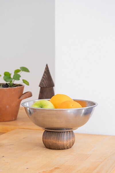 Beige & Stone Metal 22 cm Salad Corn Fruit Presentation Bowl with Wooden Legs