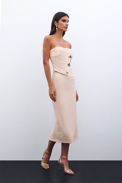 Sateen Rochie fără bretele cu accesorii pentru nasturi - bej