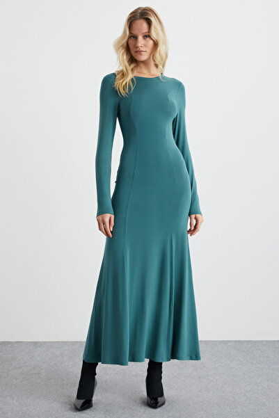 GRIMELANGE NUVIA Kadın Viscon Yuvarlak Yaka Slim Fit Yeşil Elbise