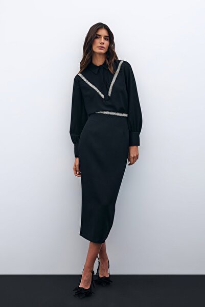 Sateen Fusta Midi Neagra - Accesoriu pentru talie