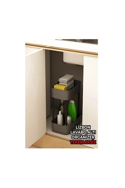 Dükkanönü Γκρι Lisbon Multi-Purpose 2-Tier Bathroom Organizer Εσωτερικό ντουλάπι κάτω από πάγκο χωρίς ρόδες