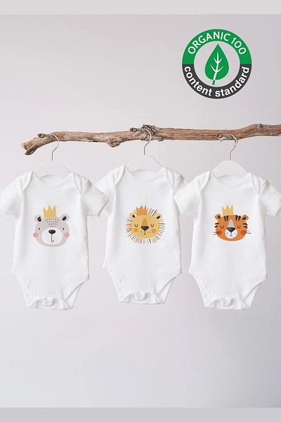 Lilabio 100% Organic Cotton 3-Piece Printed Short Sleeve Baby Bodysuit