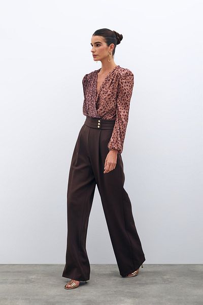 Sateen Coffee Color Waist Detailed Trousers