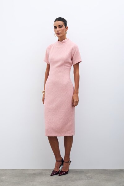 Sateen Dik Yaka Tüvit Elbise - Pudra