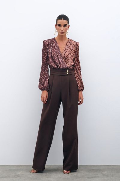 Sateen Coffee Color Waist Detailed Trousers